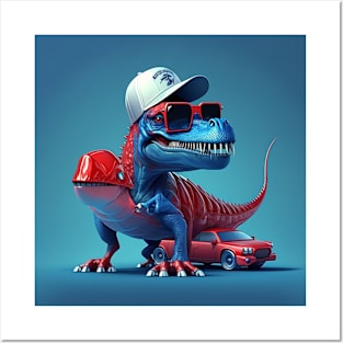 little dinosaur on a red sports car Posters and Art